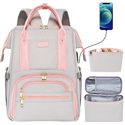 Kaome Lunch Backpack 15.6 Inch Laptop Backpack for Women with USB Port Nurse Gift Teacher Work Backpack Cooler Insulated Lunch Bag Waterproof Daypacks for Work Picnic Travel Anti-theft - Grey Pink