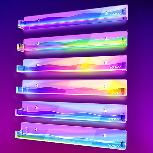 YMVV 15" Nail Polish Rack Wall Mounted Shelf,6 Pack Clear Rainbow Iridescent Acrylic Organizer Nail Supplies for Nail Techs,Great Display for Salons Retailers - A- Iridescent