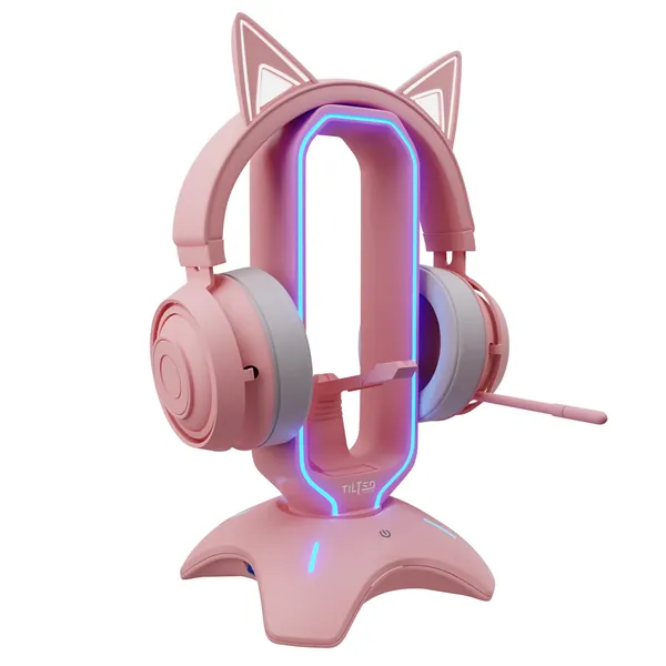Tilted Nation RGB Gaming Headset Stand - 3 in 1 Pink Headphone Stand with Mouse Bungee and 2 Port USB Hub Charger - The Ultimate Gaming Accessory and Gamer Gift - RGB Headphone Holder for Desk - Pink