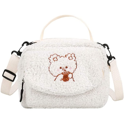 Kawaii Handy Umhängetasche Damen Schultertasche Plüsch Handytasche zum Umhängen Klein Clutch Crossbody Brieftasche Winter Phone Tasche mit Gurt Griff für iPhone 13/13 Pro/12/12 Pro/11/XR/XS/8/7/6 - Weiß
