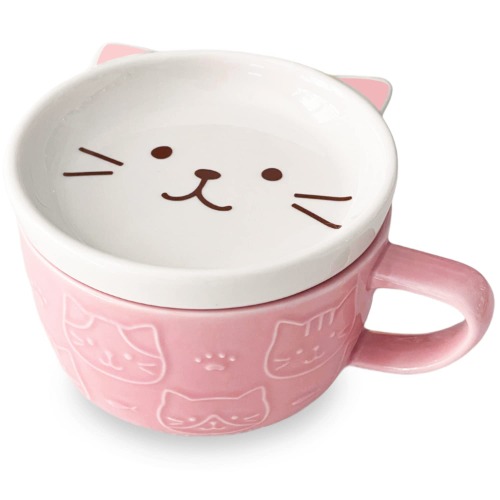 Cute Ceramic Cat Mug with Lid, Kawaii Coffee or Tea Cup for Cat Lovers, Unique Novelty Cat Gift, Mug and Lid Set (Pink) - Pink