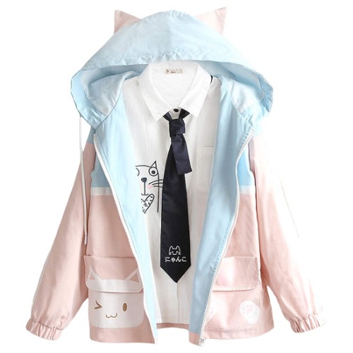 Himifashion Kawaii Jacken Teens Niedliche Katze Tasche Patchwork Hoodie Mädchen Japanische Jacke Tops Langarm Reißverschluss Outwear (HM122201) - 34 Weiß