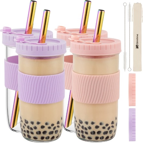 Reusable Boba Cup Bubble Tea Cup 4 Pack, 24Oz Wide Mouth Smoothie Cups with Lid, Silicone Sleeve & Wide Straws, Leakproof Glass Drinking Water Bottle Travel Tumbler Jar for Large Pearl Valentine Gifts