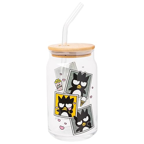 Silver Buffalo Sanrio Hello Kitty and Friends Badtz-Maru Polaroids Glass Jar Tumbler with Bamboo Lid and Glass Straw, 16 Ounces - Badtz-Maru Polaroids