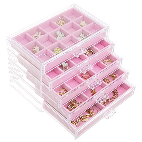 misaya Earring Jewelry Organizer with 5 Drawers, Gift for Women, Girls, Clear Acrylic Jewelry Box for Women, Velvet Earring Display Holder for Earrings Only, Pink - Pink - 5 Drawers