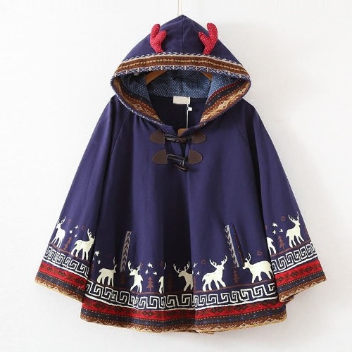 Reindeer Knit Holiday Poncho - Blue