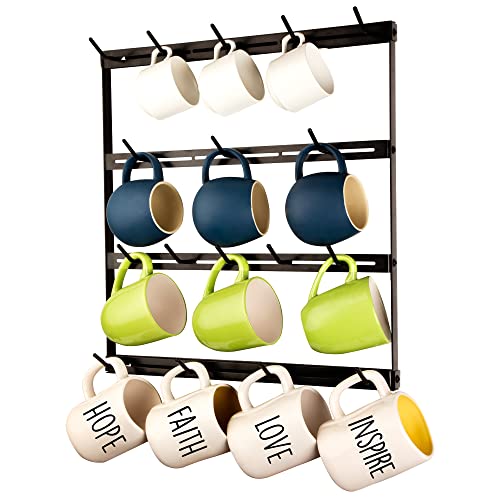 Coffee Cup Rack by ARKtec Decor - with Adjustable Hooks. Customizable Mug Racks for Wall, Coffee Mug Wall Rack, Coffee Mug Rack Wall Mounted, or Mug Holder for Wall Display, Storage & Organization