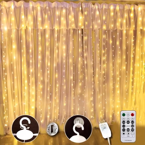SINAMER White Curtain Light for Bedroom, 300 LED 9.8ft x 9.8ft Window Fairy Curtain String Light with 16 Hooks, 8 Models Remote Control for Wedding Party Home Garden Indoor Decorations - Warm White - Silver Copper Wire
