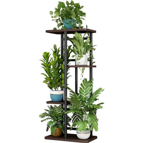 LINZINAR Plant Stand 4 Tier 5 Potted Indoor Plant Shelf Multiple Stands for Garden Corner Balcony Living Room - 4 Tier-5 Potted - Black Oak