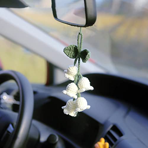 Rear View Mirror Accessories,Cute Car Accessories Aesthetic,Handmade Knitted Rear View Mirror Pendant Ornament,Kawaii Car Decor， for Car Cecorations Home Decorative Pendantscar Decorations - White