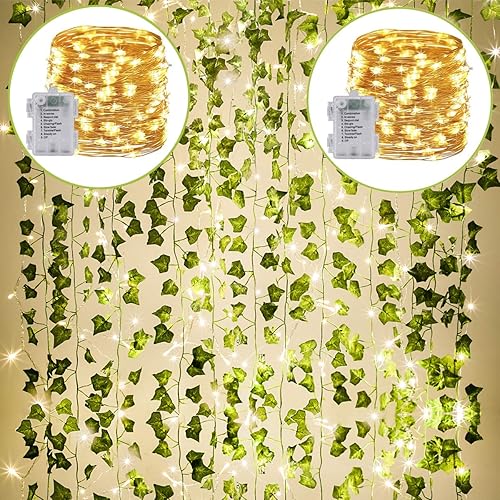 KASZOO 24Pack / Each 82 inch, Artificial Ivy Garland Fake Plants with 160 LED String Light, Green for Wedding Party Garden Outdoor Greenery Wall Decoration - 24 pack Artificial Ivy with 160 LED