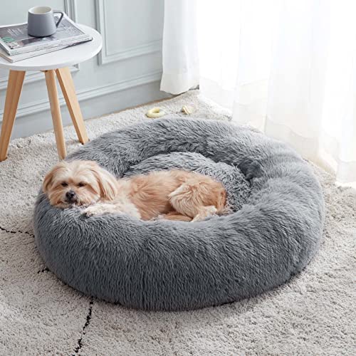 Calming Dog Bed & Cat Bed, Anti-Anxiety Donut Dog Cuddler Bed, Warming Cozy Soft Dog Round Bed, Fluffy Faux Fur Plush Dog Cat Cushion bed for Small Medium Dogs and Cats (20"/24"/27"/30") - 24" - Navy Grey