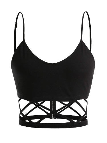 SheIn Women's Sexy Straps Sleeveless Cutout Criss Cross Zipper Crop Cami Tank Top - Medium Black