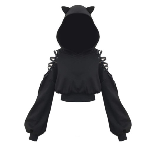 Women Hoodies Long Sleeve Cute Ear Cat Off Shoulder Crop Top Pullover Sweatshirt - Large Black