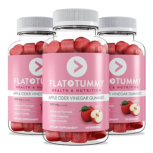Flat Tummy Apple Cider Vinegar Gummies, 60 Count – Boost Energy, Detox & Support Gut Health – Vegan, Non-GMO – ACV Gummies with Mother - Made with Apples, Beetroot, Vitamin B9, Vitamin B12, Superfoods - 60 Count (Pack of 3)