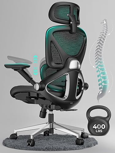 Ergonomic Mesh Office Chair, Adjustable Lumbar High Back Desk Chair 400lbs, 4D Flip-up Arms, 3-Level Tilt Backrest, 3D Headrest, PU Wheels, Swivel Rolling Computer Chair for Long Desk Work