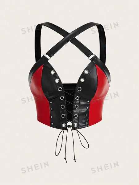 SHEIN ICON Color Block Gothic Style Women Crisscross Strap Tank Top