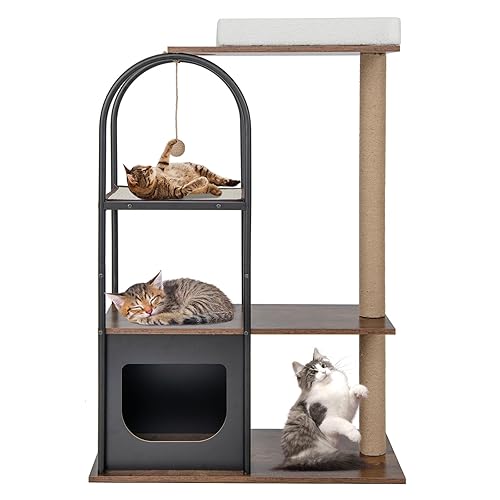 Maxmass Tall Cat Tree, 4-Tier Metal Cat Tower with Perch, 2-Door Condo, Platforms, Scratching Posts and Board & Hanging Ball, Indoor Cat Activity Center for Climbing, Playing, Sleeping (Black) - Black