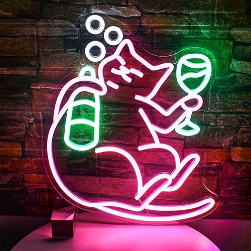 SIGNSHIP Drinking Cat Neon Sign Dimmable Beer Cat Neon Lights LED Animal Neon Light for Wall Decor Light up Sign for Cat Wall Decor Birthday Party Gift for Kids Girl Boy - Dimming drinking cat