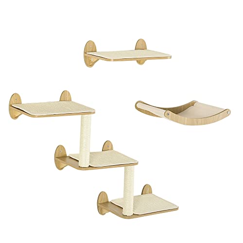PawHut 3PCs Wall Mounted Cat Tree Cats Shelves, Climbing Shelf Set, Kitten Activity Center with Jumping Platforms Hammock Scratching Post, Oak