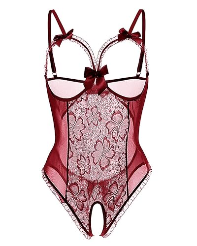 UMIPUBO Conjuntos de lencería para Mujer Ropa Interior Babydoll de Encaje de una Pieza Correa con Cuello en V Ropa de Dormir sin Espalda Ropa Interior Abierta sin Entrepierna - S - Vino Rojo