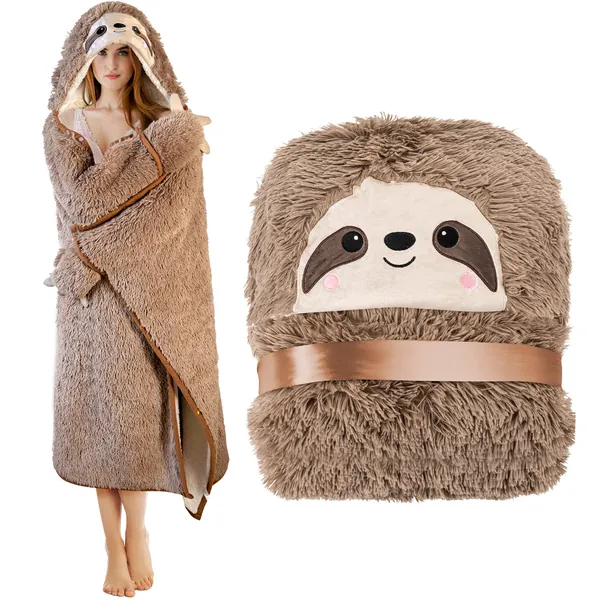 Sloth Wearable Hooded Blanket for Adults - Fluffy Super Soft Shaggy Faux Fur, Fuzzy Warm Cozy Plush Furry Fleece & Sherpa Hoodie Throw Cloak Wrap - Sloth Gifts for Women Adults and Kids - Brown