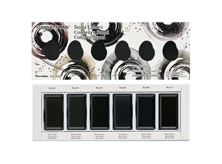 Kuretake GANSAI TAMBI SUMI Colors 6 Colors Set, Watercolor Paint for Professional, for Calligraphy, Illustrations, Drawing, Black Ink, Made in Japan - Sumi