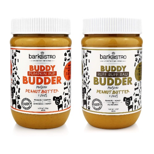 Buddy BUDDER Bark Bistro Company, Ruff Ruff Raw + Pumpkin Pup, Dog Peanut Butter, Healthy Dog Treat, Dog Enrichment, 100% Natural Dog Peanut Butter - Made in USA (Set of 2/ 17oz Jars)