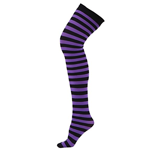 HDE Women's Striped Thigh High Stockings Tights Over Knee High OTK Nylon Socks - One Size - Black & Purple