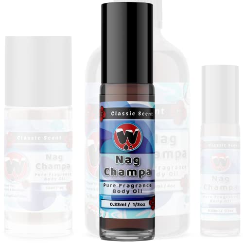WagsMarket - Nag Champa Perfume Oil, from 0.33oz Roll On to 4oz Glass Bottle (0.33oz Roll On) - 0.33 Fl Oz (Pack of 1)