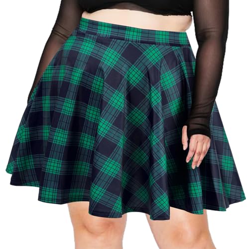 Women's Plus Size Mini Plaid Skirt- Basic High Waisted Flared Casual Stretchy Pleated Skater Skirts - 3X-Large Plus - Green & Blue