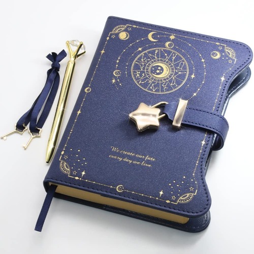 Diary with Lock and Keys for Girls Gift Ideas, Hoci Poci Refillable Journal for Women, Starry Night Secret Notebook with Lined Pages for Writing Drawing, Magic Crystal Golden Pen and Blue Bookmark Included