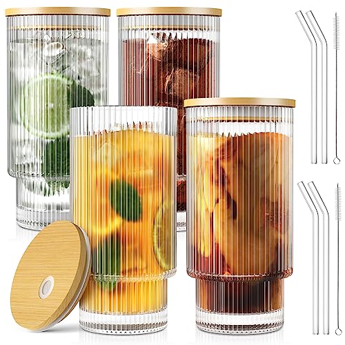 CWHHRN 16OZ Ribbed Glass Cups with Bamboo Lids and Glass Straws 4 Set, Vintage Glassware for Whiskey Cocktail Beer, Iced Coffee Cups for Cute Gifts (4 Set) - 4 Glasses + 4 Straws + 4 Lids
