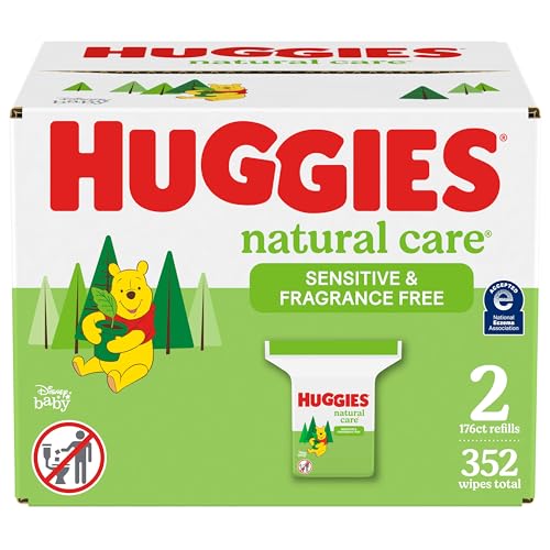 Huggies Natural Care Sensitive Baby Wipes, Unscented, Hypoallergenic, 99% Purified Water, 2 Refill Packs (352 Wipes Total) - 176 Count (Pack of 2) - 352