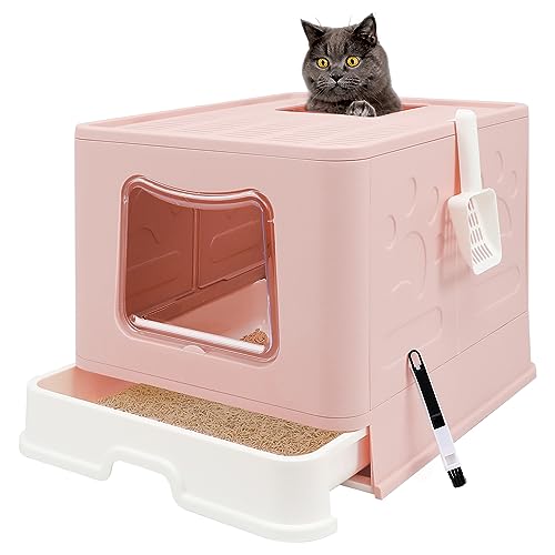 Foldable Cat Litter Box with Lid, Jumbo Enclosed Cat Potty, Top Entry Anti-Splashing Cat Toilet, Easy to Clean Including Cat Litter Scoop and 2-1 Cleaning Brush (Pink) Extra Large - Pink - X-Large