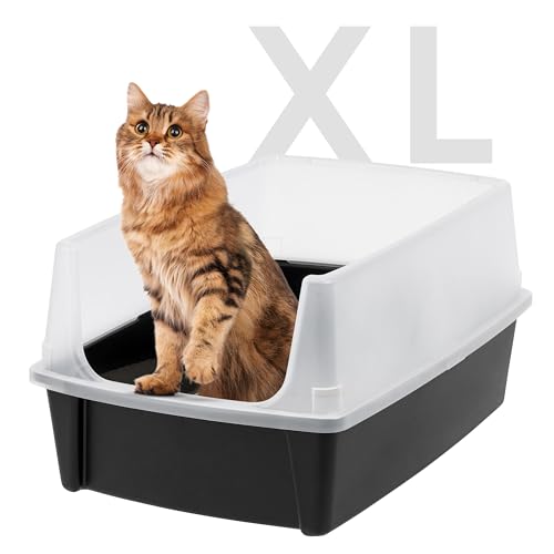 IRIS USA Extra Large Cat Litter Box with Scatter Shield, Open Top High Sided Cat Litter Pan, Black