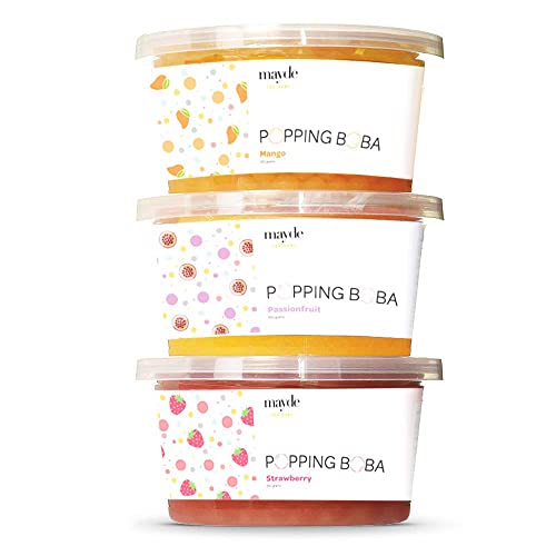 Mayde Bursting Popping Boba Pearls, Strawberry, Mango, Passion Fruit - 3 Flavor Party Kit (490 gms, 3 pack) - 1.08 Pound (Pack of 3)