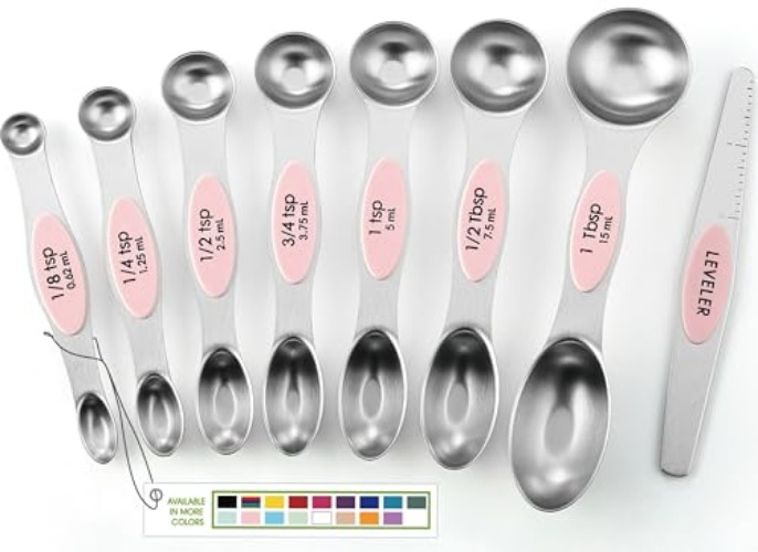 Spring Chef Stainless Steel Magnetic Measuring Spoons Set of 8 with Leveler, Dual Sided Teaspoon & Tablespoon Measuring Spoons with Strong Magnets, Kitchen Gadgets for Baking & Cooking - Pink Lemonade - 1-Pack - Pink Lemonade