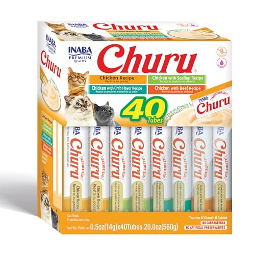 INABA Churu Cat Treats, Grain-Free, Lickable, Squeezable Creamy Purée Cat Treat/Topper with Vitamin E & Taurine, 0.5 Ounces Each Tube, 40 Tubes, Chicken Variety Box - Chicken Variety Box - 0.5 Ounce (Pack of 40)