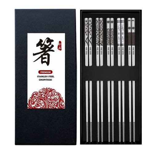Bosdontek 5 Paar Edelstahl Essstäbchen Gravur Muster Chopsticks Wiederverwendbare EssStäbchen Japanische Metall Essstäbchen Stäbchen Set Waschbar FüR GeschirrspüLer (A Muster) - A Muster