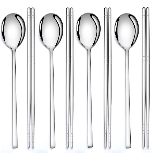 AOOSY 4 Paar Essstäbchen und 4 Löffel Set koreanische Edelstahl Essstäbchen Löffel, Küche Wiederverwendbare Metall Flach Lange Griff Essstäbchen Löffel Set für Zuhause, Küche oder Restaurant - 