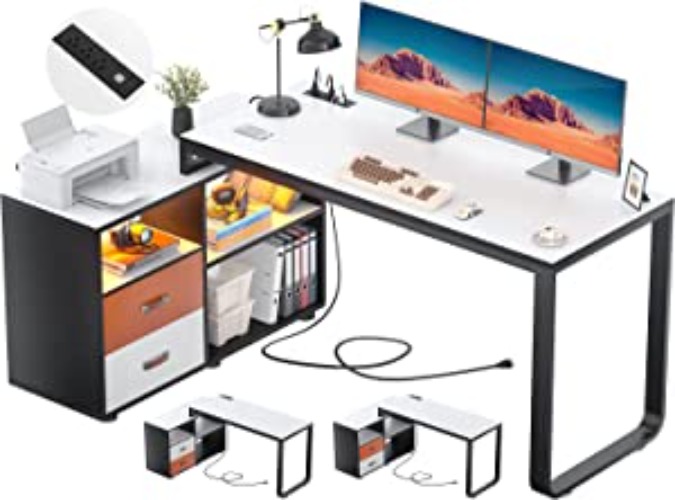 L Shaped Desk with File Cabinet & Power Outlet, 55 Inch Large Corner Computer Desks with LED Strip, L-Shaped Computer Desk with Drawers and Storage Shelves for Home Office, White & Black - One Size 1