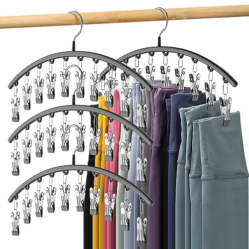 Volnamal Legging Organizer for Closet, Metal Yoga Pants Hangers 4 Pack w/10 Clips Holds 40 Leggings, Hangers Space Saving Hanging Closet Organizer w/Rubber Coated Closet Organizers and Storage, Black - Black - 4 Pack