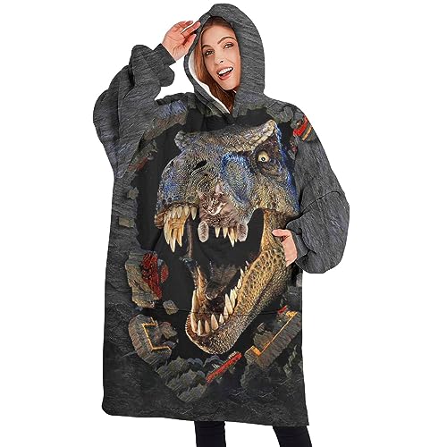 Lovely Pugs Wearable Oversized Blanket, Sherpa Blanket Hoodie with Super Pockets, Super Warm Fuzzy Pullover for Women & Men - Dinosaur Tyrannosaurus - One Size