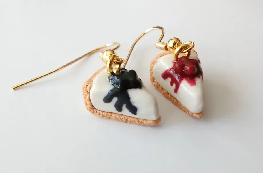 Cherry and blueberry cheesecake mismatched earrings | sterling silver, hypoallergenic miniature polymer clay | cute kawaii clay jewelry