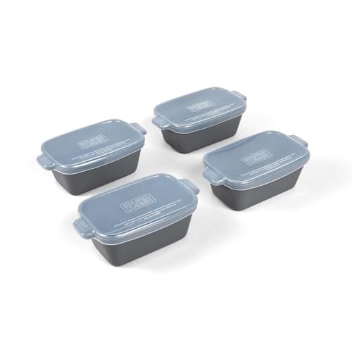 Souper Cubes Stoneware - 5" x 3" Ceramic Single Serve Baking Dishes with Silicone Covers - Mini Baking Casserole Dishes - Kitchen Essentials and Bakeware - Set of 4 - Charcoal - 5" x 3" - Charcoal