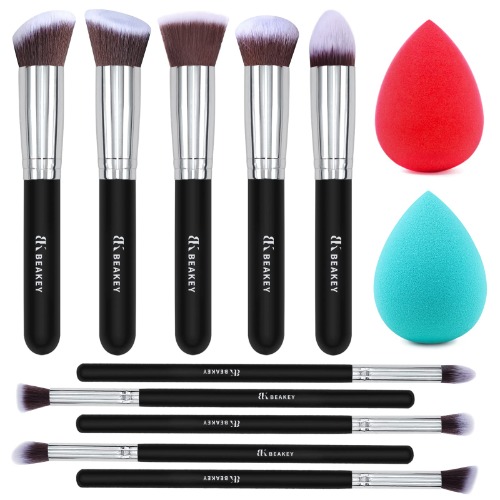 BEAKEY Pinselset Makeup Professionelles Foundation Make up Pinsel Set Premium Puderpinsel Lidschatten Blush Schminkpinsel Set Beauty Schwamm (10+2 Stück, Silber) - a-Silber