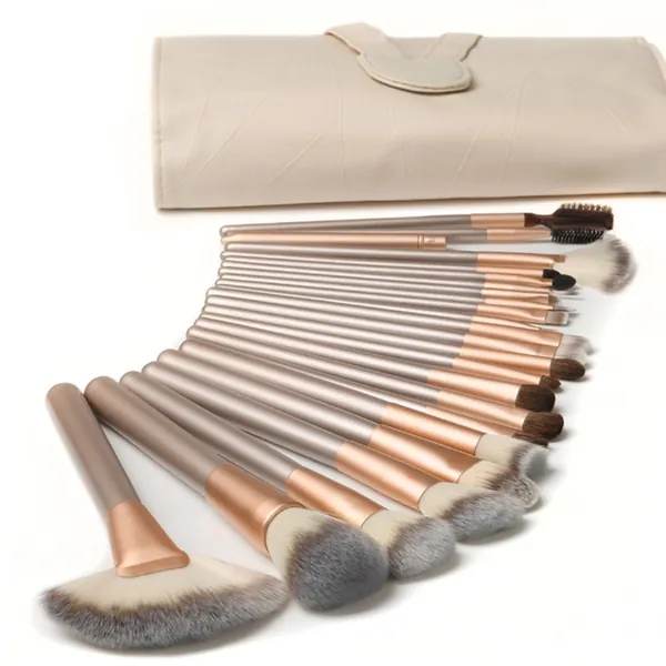 Nestling 18 Stück Professionelle Kosmetik Make-Up Pinsel Werkzeuge Kosmetik Make-Up-Pinsel-Set Mit Roll Up Pu-Leder Tasche, Holzgriff - 18Pcs Champagner-2