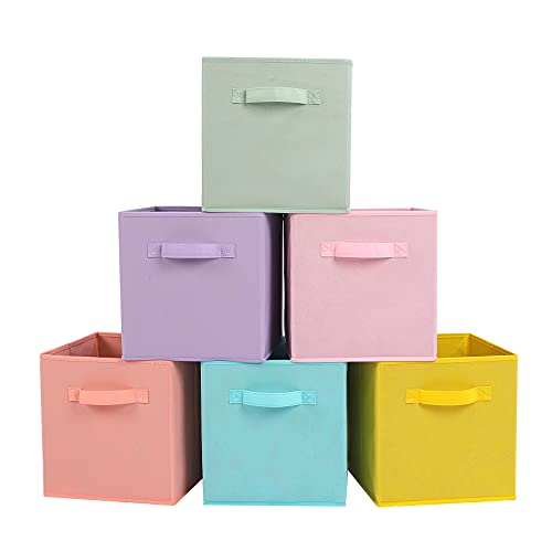 Stero Fabric Storage Bins 6 Pack Fun Colored Durable Storage Cubes with Handles Foldable Cube Baskets for Home, Kids Room, Closet and Toys Organization Cyan, Green, Yellow, Purple, Pink and Peachpuff - cyan, green, yellow, purple, pink and peachpuff