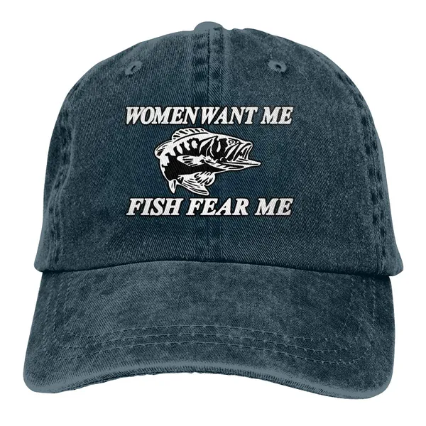 Siuwud Women Want Me Fish Fear Me Washed Baseball Cap Trucker Hat Adult Unisex Adjustable Dad Hat (Navy)